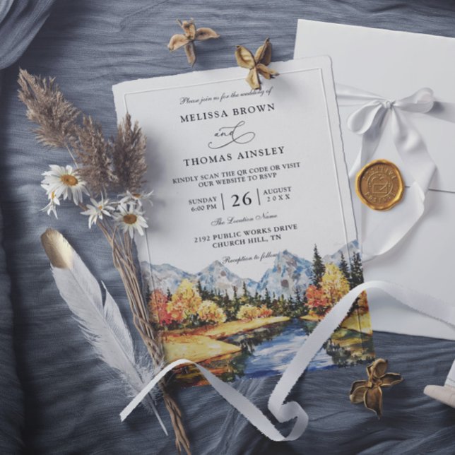 Convites Casamento com QR Code Rústico de Montanha de Outon (Criador carregado)