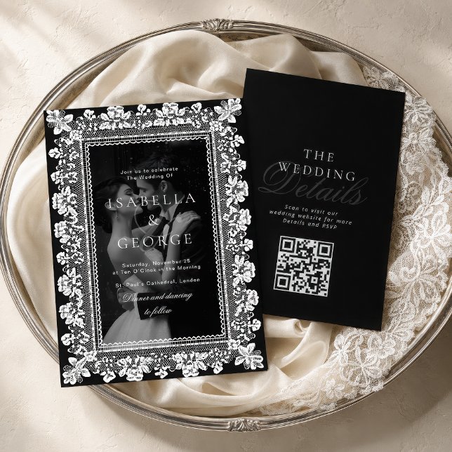 Convites Casamento com QR em Foto Preto e Branco em Renda c (Criador carregado)