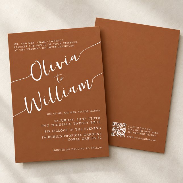 Convites Casamento com QR Script Laranja Queimado (Burnt Orange QR Script Wedding)
