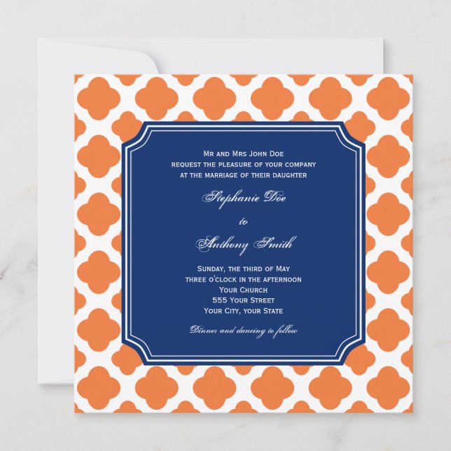 Convites Casamento com Quatrefoil Azul Laranja e Real (Frente)