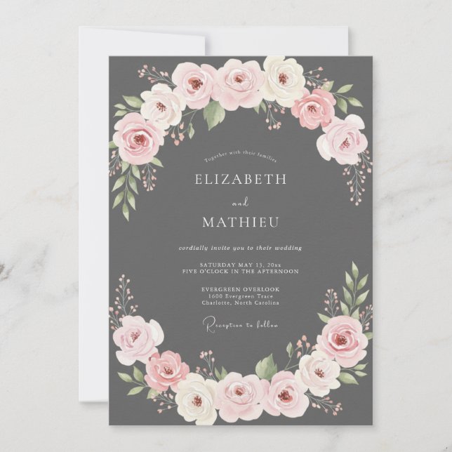 Convites Casamento com Ranúnculo Charcoal Blush e Eucalipto (Frente)