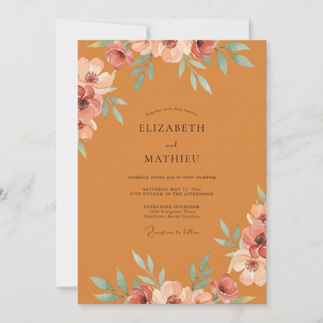 Convites Casamento com Ranúnculo Coral Ochre e Eucalipto (Frente)