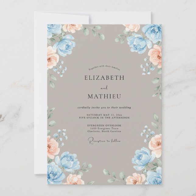 Convites Casamento com Ranúnculo de Eucalipto Azul-Taupe (Frente)