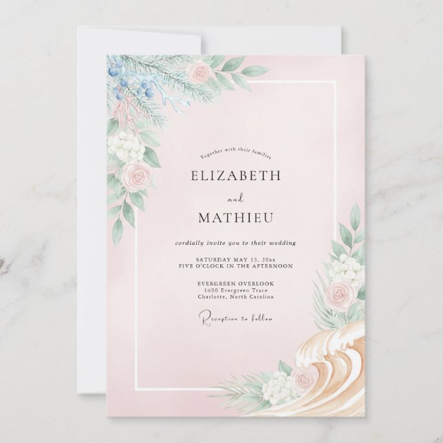Convites Casamento com Ranúnculo de Eucalipto e Periwinkle  (Frente)