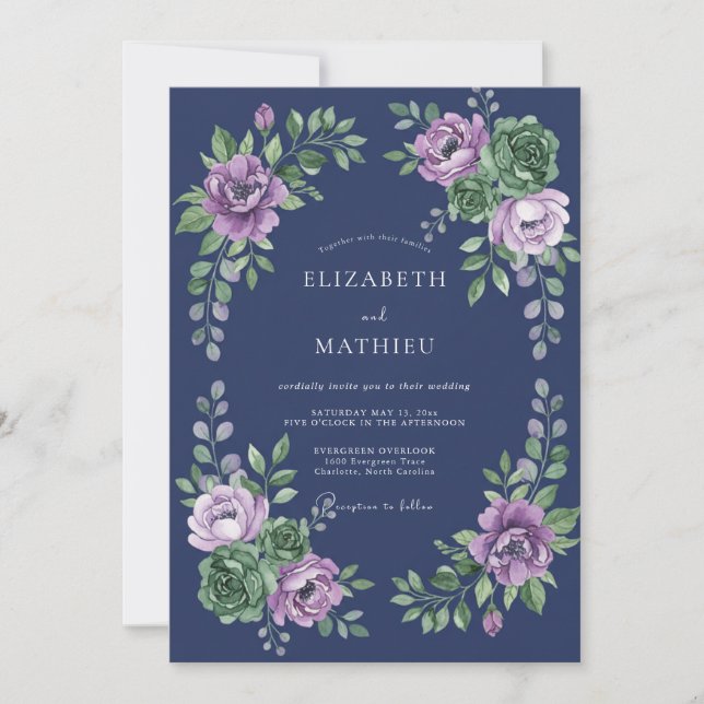 Convites Casamento com Ranúnculo de Lavanda Índigo e Eucali (Frente)