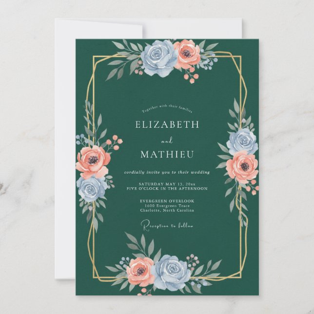 Convites Casamento com Ranúnculo Dourado em Teal Escuro e E (Frente)