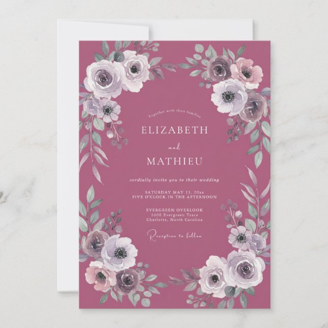 Convites Casamento com Ranúnculo Folhoso Roxo (Frente)