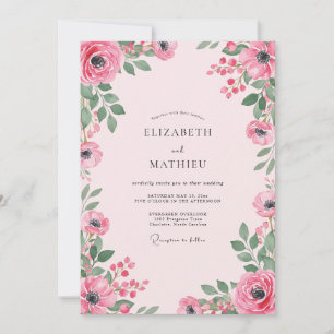 Convites Casamento com Ranúnculo Magenta e Folhas