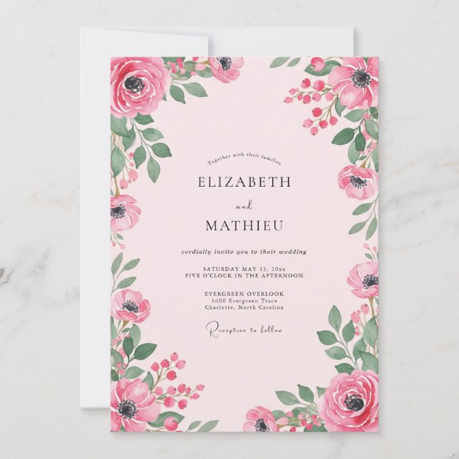 Convites Casamento com Ranúnculo Magenta e Folhas (Frente)