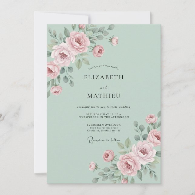 Convites Casamento com Ranúnculo Pastel Menta Cinza Eucalip (Frente)