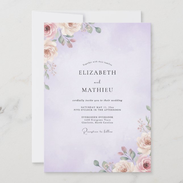 Convites Casamento com Ranúnculo Salvia Roxo Desbotado (Frente)