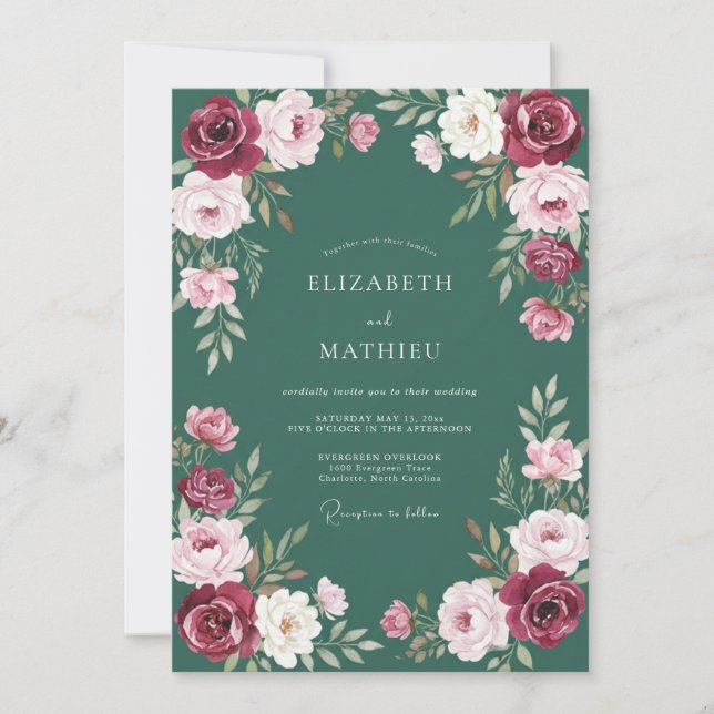 Convites Casamento com Ranunculus Azul-turquesa Profundo e  (Frente)