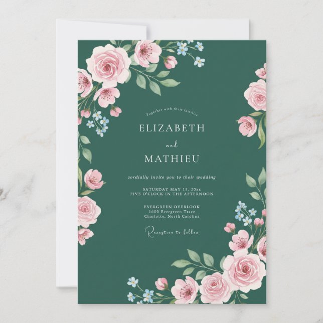 Convites Casamento com Ranunculus Azul Turquesa Profundo e  (Frente)