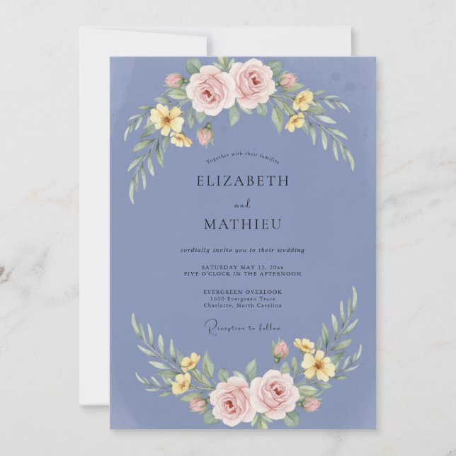 Convites Casamento com Ranunculus Azul-Violeta e Eucalipto  (Frente)
