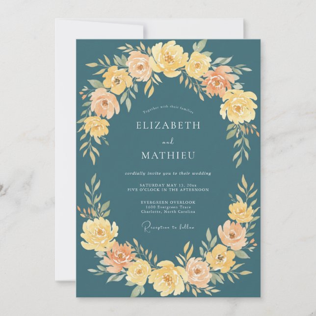 Convites Casamento com Ranunculus Eucalipto Amarelo Azul-Ve (Frente)