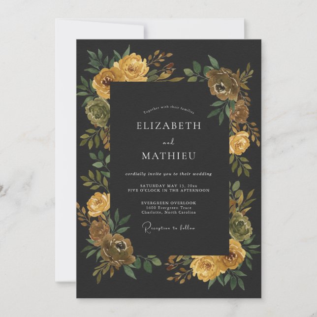 Convites Casamento com Ranunculus Eucalipto Amarelo Carvão (Frente)