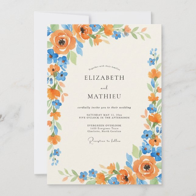 Convites Casamento com Ranunculus Eucalipto Âmbar Azul (Frente)