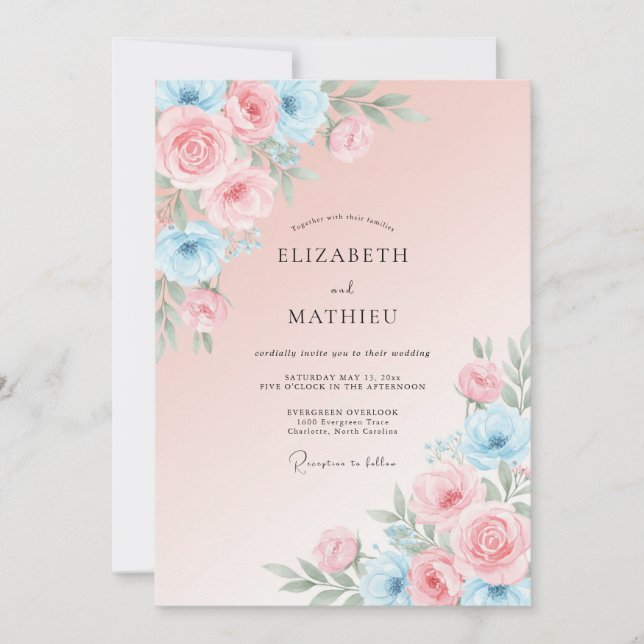 Convites Casamento com Ranunculus Eucalipto Azul Bege (Frente)
