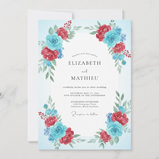 Convites Casamento com Ranunculus Eucalipto Azul Rubi (Frente)