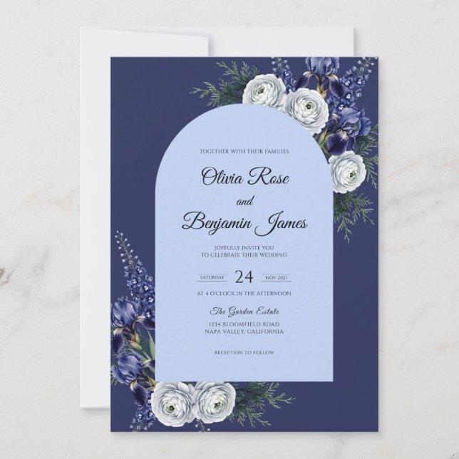 Convites Casamento com Ranunculus Eucalipto Branco Índigo (Frente)