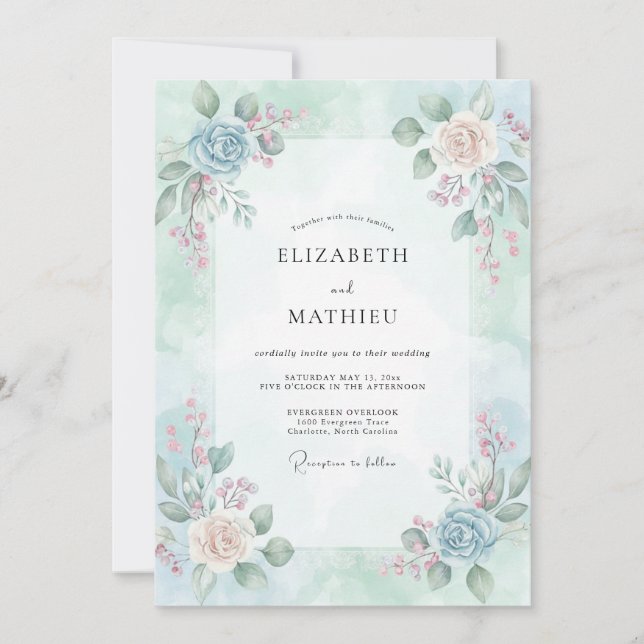 Convites Casamento com Ranunculus Eucalipto Champagne no Cé (Frente)
