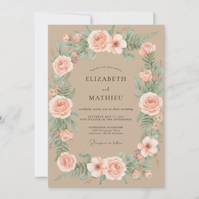 Convites Casamento com Ranunculus Eucalipto Champanhe Rosa (Frente)