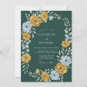 Convites Casamento com Ranunculus Eucalipto Dourado e Azul-