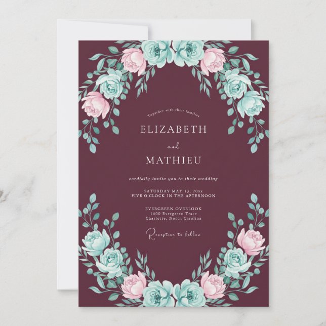 Convites Casamento com Ranunculus Eucalipto Menta Vinho (Frente)