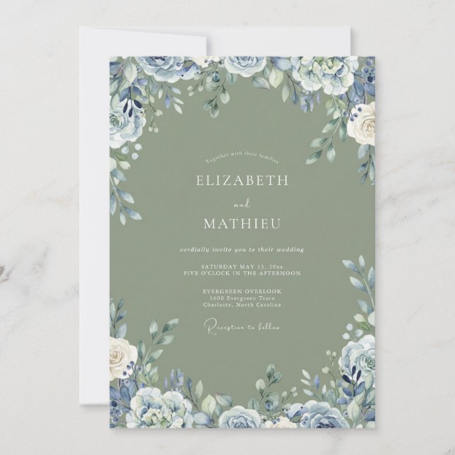 Convites Casamento com Ranunculus Eucalipto Olive Slate (Frente)