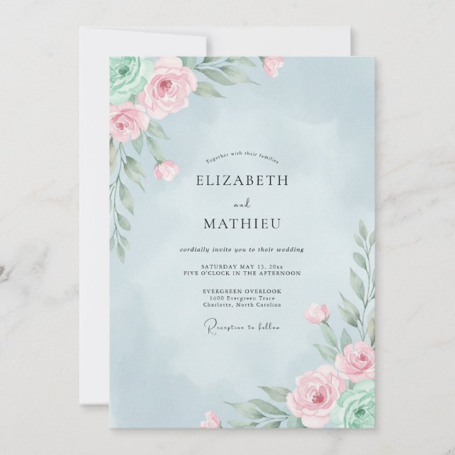 Convites Casamento com Ranunculus Eucalipto Rosa no Céu (Frente)