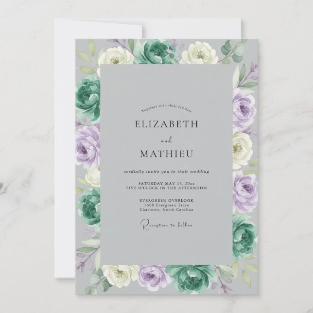 Convites Casamento com Ranunculus Eucalipto Teal Lavanda (Frente)