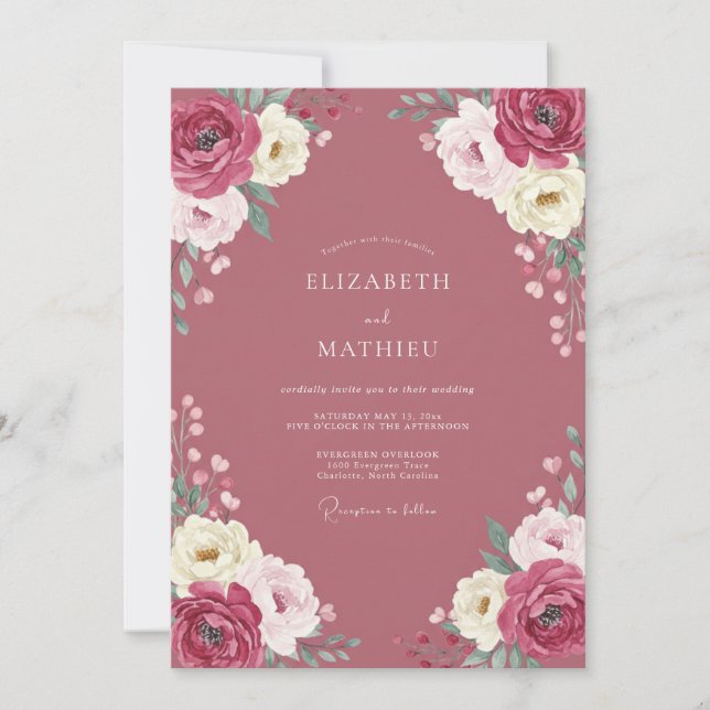 Convites Casamento com Ranunculus Eucalipto Vinho Empoeirad (Frente)