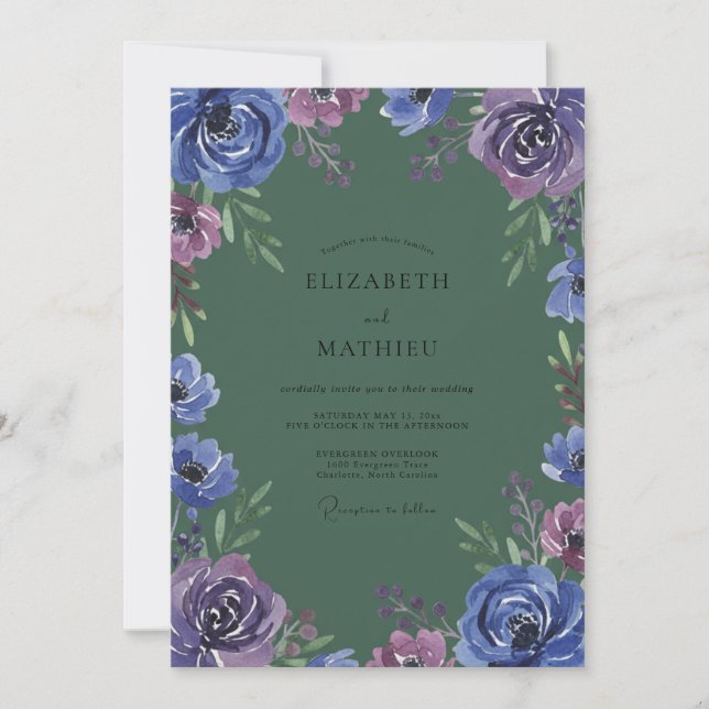 Convites Casamento com Ranunculus Eucalipto Violeta Índigo (Frente)