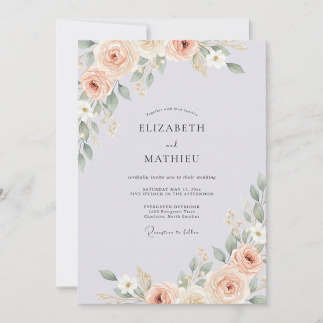 Convites Casamento com Ranunculus Eucalipto Violeta Pálido (Frente)