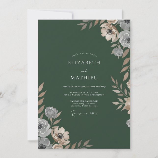 Convites Casamento com Ranunculus Taupe e Eucalipto na Flor (Frente)