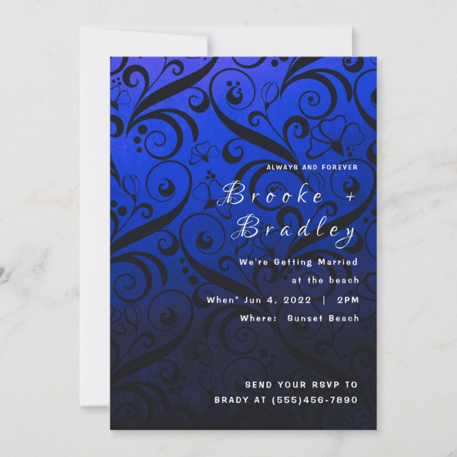 Convites Casamento com Redemoinho Floral Azul (Frente)
