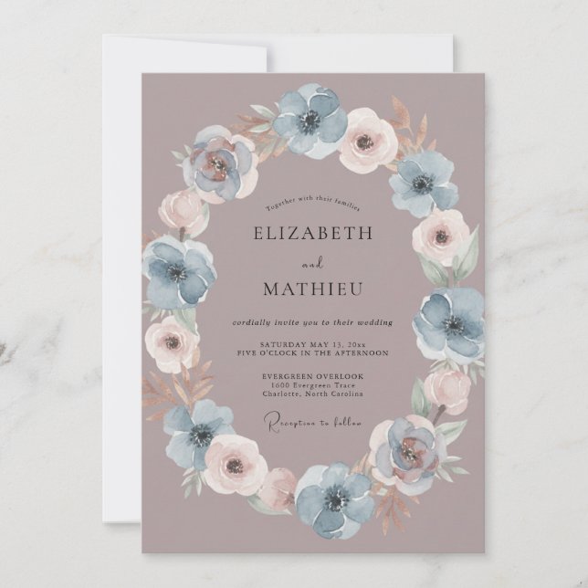 Convites Casamento com Redemoinho Floral Azul Empoeirado (Frente)