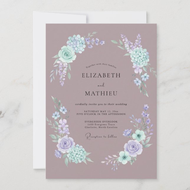 Convites Casamento com Redemoinho Floral Malva (Frente)