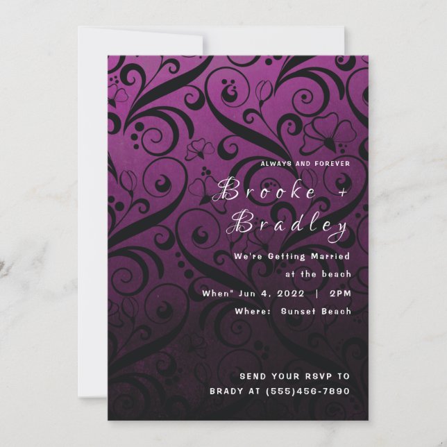 Convites Casamento com Redemoinho Floral Roxo (Frente)