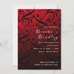 Convites Casamento com redemoinho floral vermelho e preto