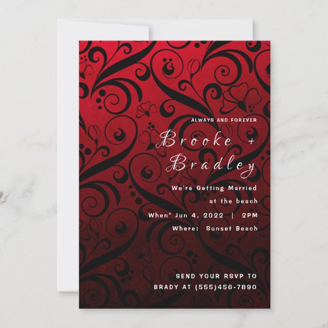 Convites Casamento com redemoinho floral vermelho e preto (Frente)