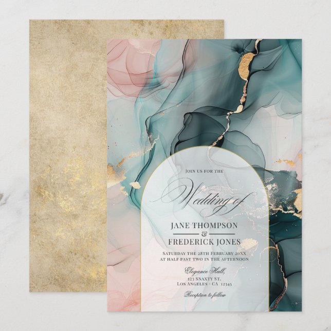 Convites Casamento com Redemoinhos de Tinta Rosa e Azul e F (Frente/Verso)