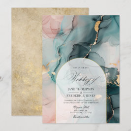 Convites Casamento com Redemoinhos de Tinta Rosa e Azul e F