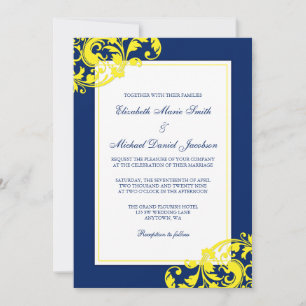 Convites Casamento com Redemoinhos Floridos em Azul Marinho