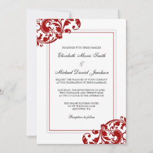 Convites Casamento com Redemoinhos Floridos Vermelhos e Bra