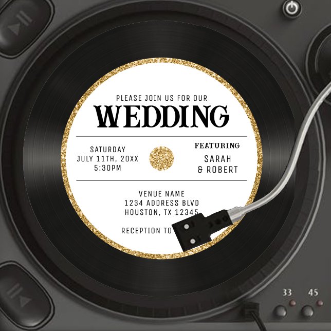 Convites Casamento com Registro de Vinilo Glitter Dourado R (Retro Gold Glitter Vinyl Record Wedding Invitation)