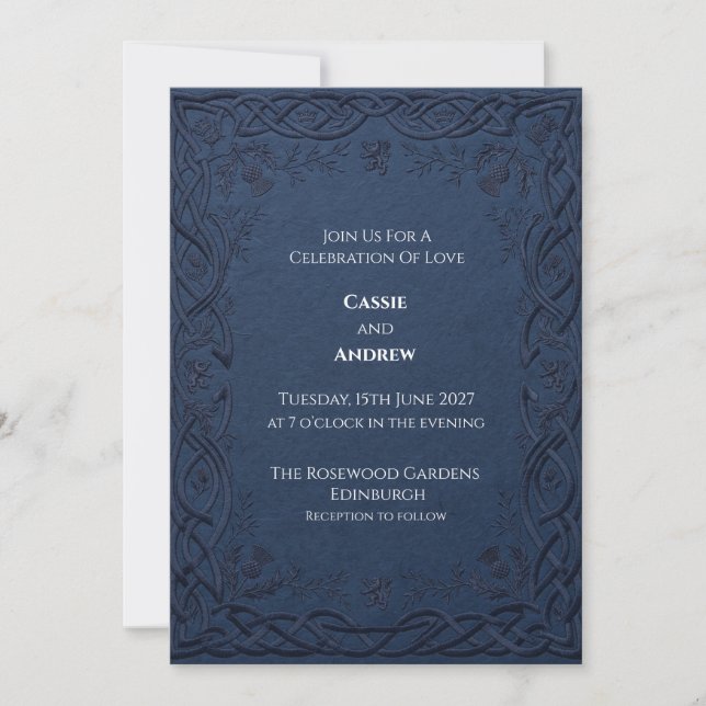 Convites Casamento com Relevo em Azul Escuro e Cardo Celta (Frente)