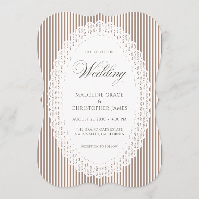 Convites Casamento com Renda de Listra Marrom Mocha (Frente)