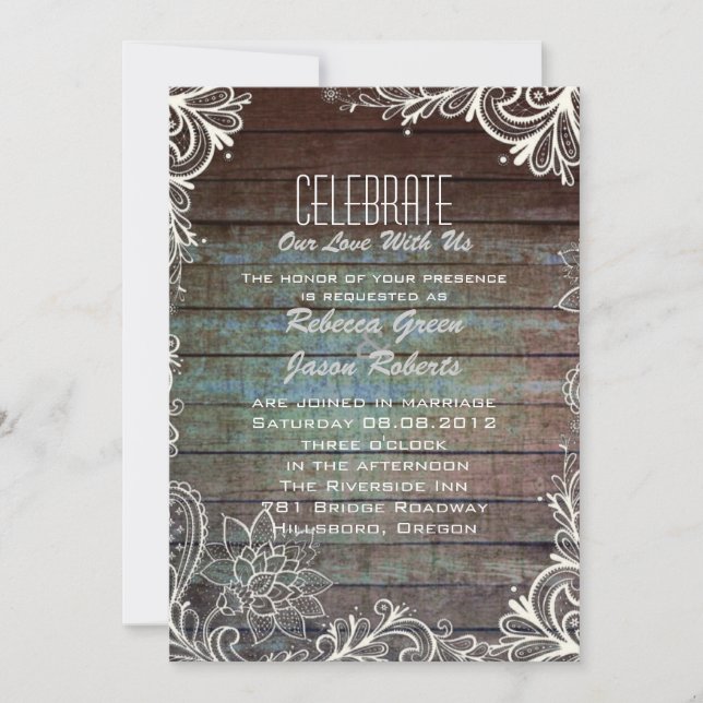 Convites casamento com renda e madeira rústica moderna (Frente)