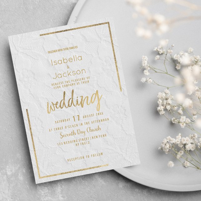 Convites Casamento com renda floral de francês de ouro bran (Elegant white gold french floral lace Wedding Invitation)